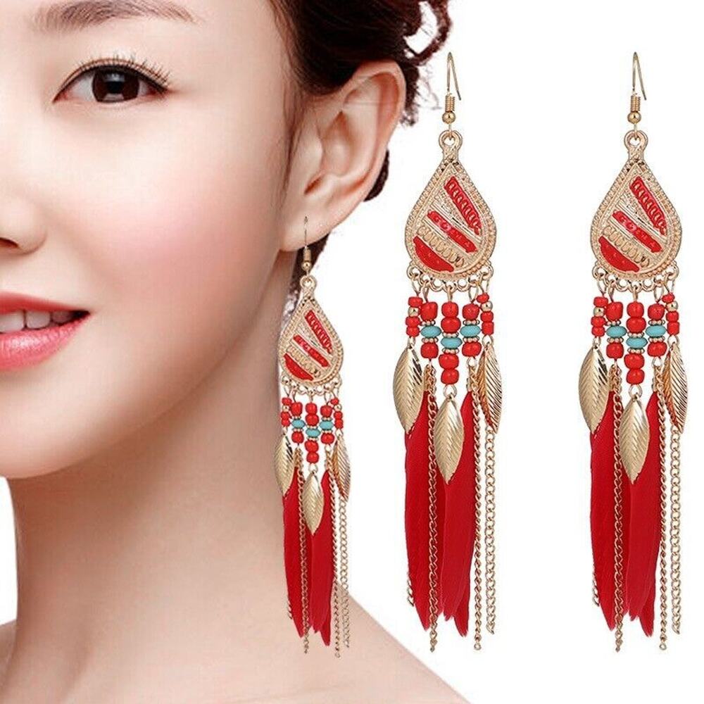 Feather Boho Rice Bead Dangly Long Waterdrop Tassel Earrings Hook‎ Boho Ethic